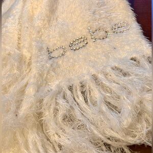 bebe Cream Fuzzy Fringe Scarf with Crystal BEBE Detail